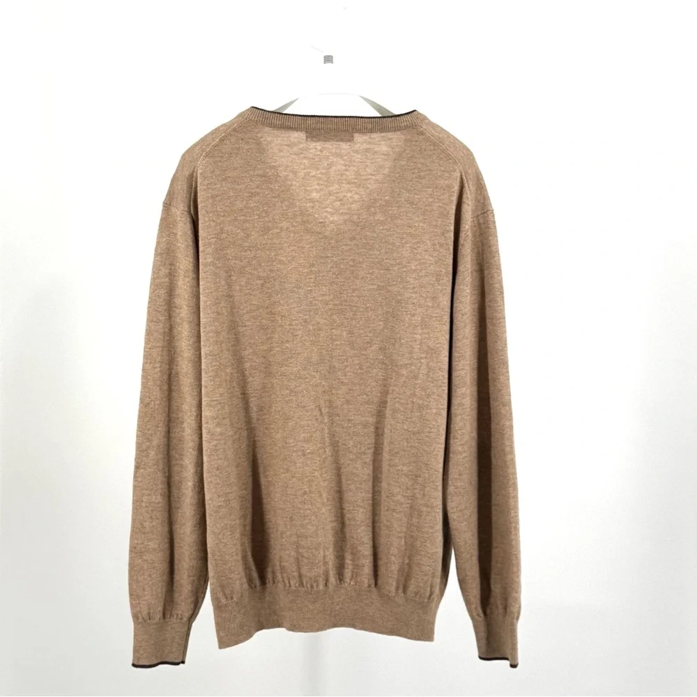 Bachrach Men’s Wool Silk Blend Tan with Brown Accents V-Neck Sweater Size L